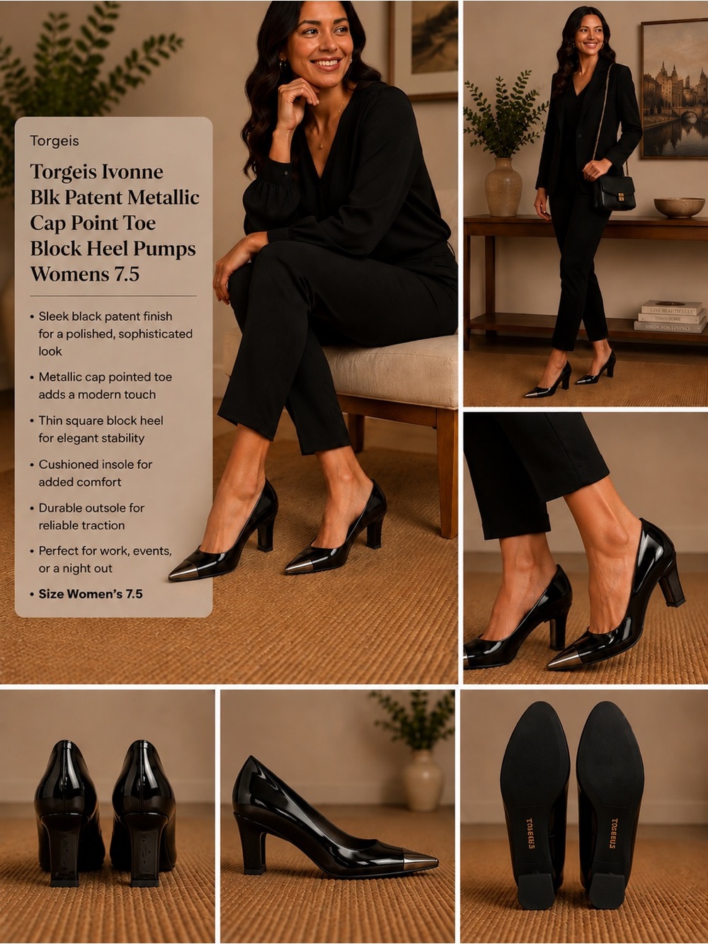 Torgeis Ivonne Blk Patent Metallic Cap Point Toe Block Heel Pumps Womens 7.5 NEW